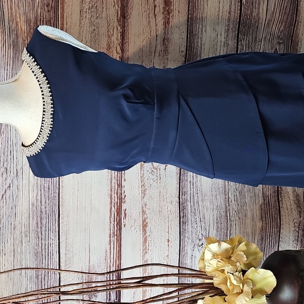 CONNECTED APPAREL NAVY BLUE JEWELED SLEEVELESS TIERED COCKTAIL EVENING DRESS
